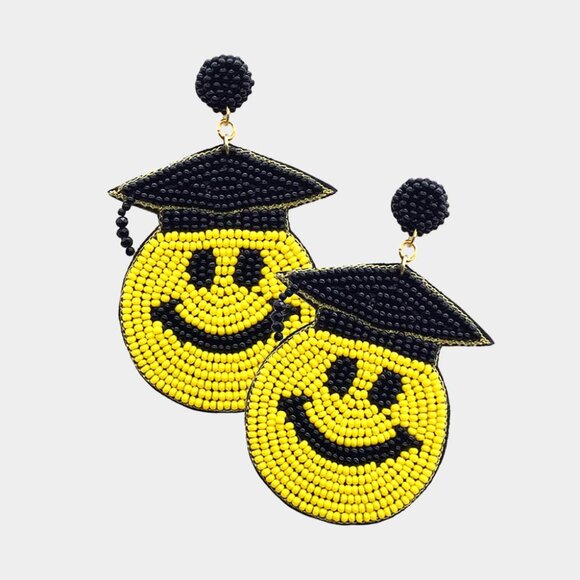 Felt Back Seed Beaded Graduation Smile Face Dangle Earrings - Picture 1 of 1